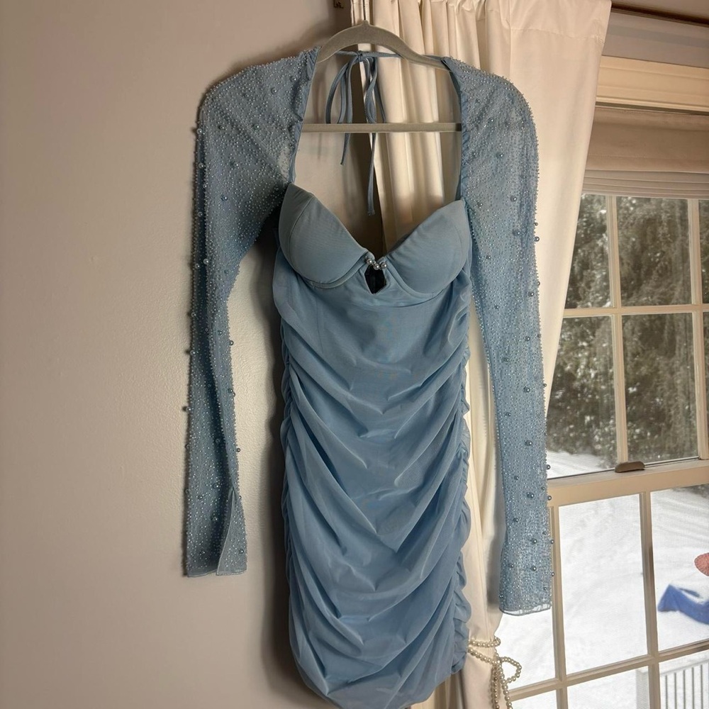 Oh Polly Blue Beaded Pearl Dress